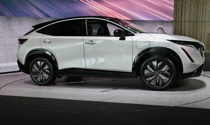 Nissan Motors new electric crossover SUV Ariya is displayed at the gallery of Nissan Motors global headquarters in Yokohama, Kanagawa-Prefecture, Japan on July 18, 2020.  (141329824)