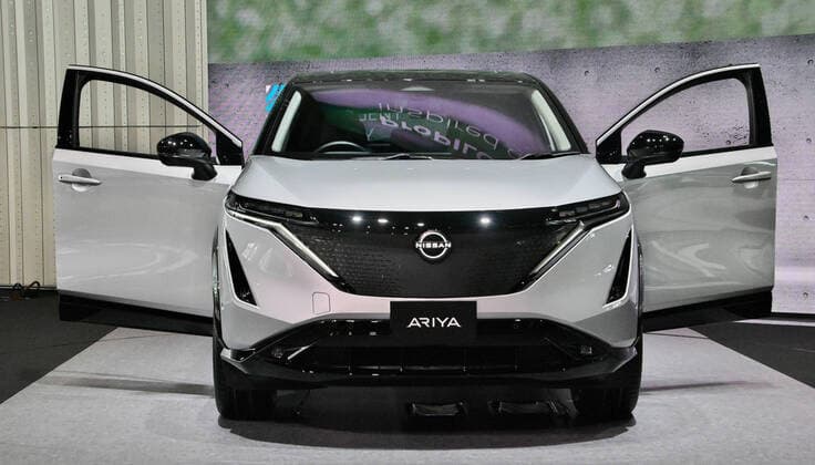 Nissan Motors new electric crossover SUV Ariya is displayed at the gallery of Nissan Motors global headquarters in Yokohama, Kanagawa-Prefecture, Japan on July 18, 2020.  (141329835)