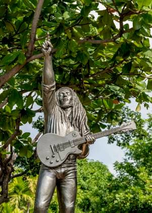 Bob Marley Statue in front of the Bob Marley Museum, 56 Hope Road, Kingston, Saint Andrew Parish, Jamaica, West Indies, Caribbean, Central America Copyright: KarolxKozlowski 1245-1993 Editorial Use Only