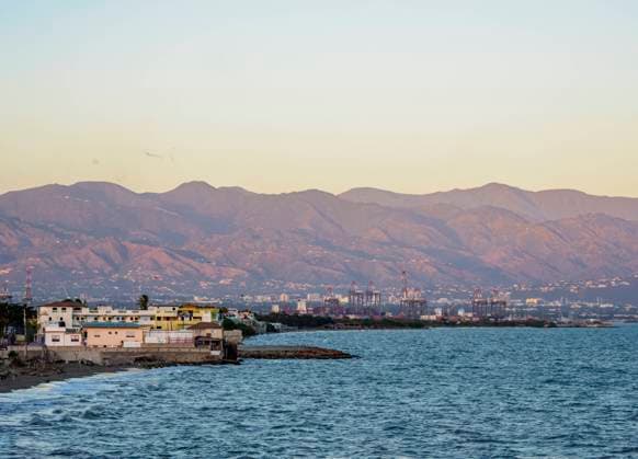 View over Cagway Bay towards Kingston and Blue Mountains at sunset, Portmore, Saint Catherine Parish, Jamaica, West Indies, Caribbean, Central America Copyright: KarolxKozlowski 1245-2032
