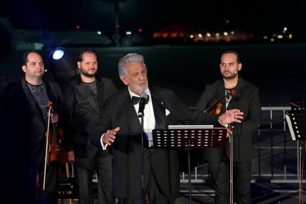 Austrian Music Theatre Award 2020 Austrian Music Theatre Award , at Terminal II of Salzburg Airport The picture shows the Spanish opera singer and lifetime achievement award winner, Placido Domingo, during his acceptance speech after the award ceremony In the background is a group of violinists 2020 Austrian Mus