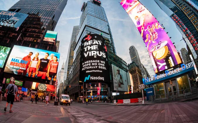 New York during the COVID-19 pandemic Public service advertising on the giant Nasdaq video screen in Times Square in New York on Thursday, August 6, 2020 (  RichardxB.xLevine