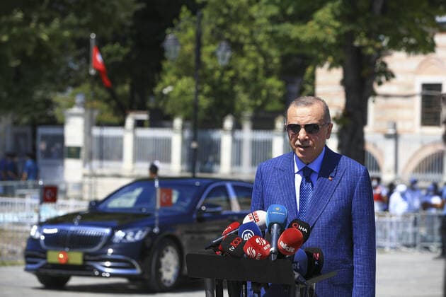(200807) -- ISTANBUL, Aug. 7, 2020 -- Turkish President Recep Tayyip Erdogan speaks to reporters after Friday prayers in Istanbul, Turkey, on Aug. 7, 2020. Turkish President Recep Tayyip Erdogan on Friday said Turkey has resumed energy exploration activities in the eastern Mediterranean Sea. TURKEY-ISTANBUL-ERDOGAN-ENERGY EXPLORATION XuxSuhui 