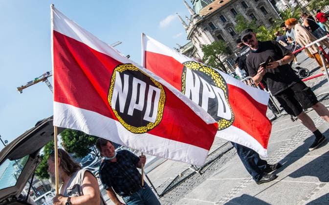 August 8, 2020, Munich, Bavaria, Germany: Looking to capitalize on the Coronavirus crisis, racism, discontent with non-whites in Germany, and with Black Lives Matter, the neonazi NPD party of Munich held a Ã¢â‚¬oeAlso White Lives MatterÃ¢â‚¬Â sic rally at MunichÃ¢â‚¬â ¢s Stachus. Ten attended, which included Franz H., Pia V., Manfred Schiessl, a BIA member who also is an Ordner at the Coronademos, and several others including neonazi Josef. H., who, among two other participants, was engaged in long conversations with the controversial Munich Police Kommunikationsteam who are often seen at demos as being openly close to the far-right spectrum. Munich Germany - ZUMAb160 20200808_zbp_b160_066 Copyright: xSachellexBabbarx