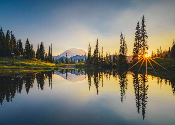 Creative Highlights World Tipsoo lake on sunset with a reflection of mt. Rainier, Washington Greenwater, WA, United States CR_EVVA200803-461778-01