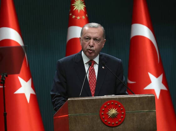 (200810) -- ANKARA, Aug. 10, 2020 -- Turkish President Recep Tayyip Erdogan speaks at a press conference in Ankara, Turkey, on Aug. 10, 2020. Turkish President Recep Tayyip Erdogan on Monday appealed for an acceptable formula for energy exploration rights in the Eastern Mediterranean which has been the center of tension over recent drilling activities. (Photo by Xinhua) TURKEY-ANKARA-ERDOGAN-EASTERN MEDITERRANEAN DISPUTES Mustafaxkaya 