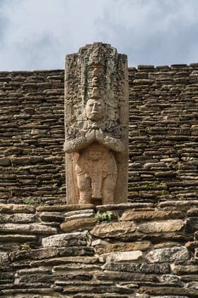 The carved stone stela of Bird Jaguar Peccary, who ruled Tonina in the 6th Century A.D. From the ruins of the Mayan city of Tonina, near Ocosingo, Mexico. Ocosingo Tonina ruins Chiapas Mexico Copyright: xJonxG.xFuller,xJr.x JGF-ruins-Tonina-MX-8601