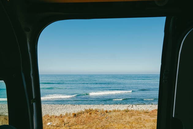 View of ocean from door of a sprinter van in Baja, Mexico. Baja California, Chis., Mexico CR_JUSLKY200806-466754-01 ,property released