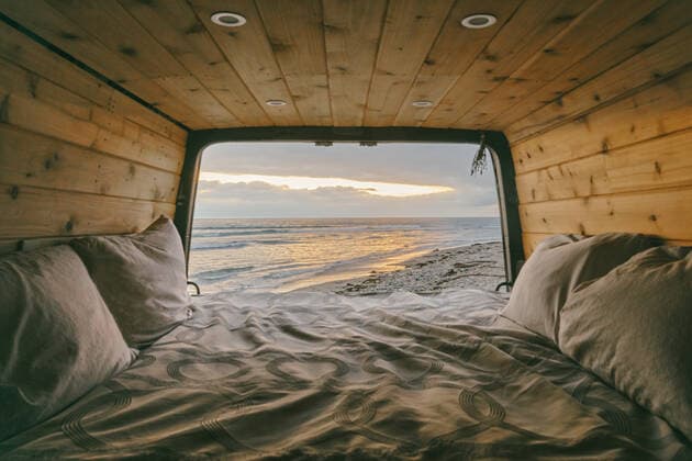 Views of sunset from open doors of sprinter van in Baja, Mexico. Baja California, Chis., Mexico CR_JUSLKY200806-466804-01 ,property released