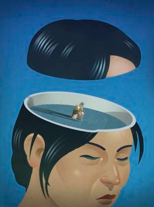 Frau sitzt verzweifelt in ihrem Kopf *** Woman sits desperately in her head  Copyright: xJonxBerkeleyx 10130099