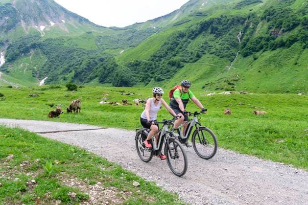 Cycling together in the mountains with the E Bike Light and easy cycling in the mountains with electric assistance Cycling in the mountains with the Pedelec Oberstdorf Oytal Bayern Deutschland