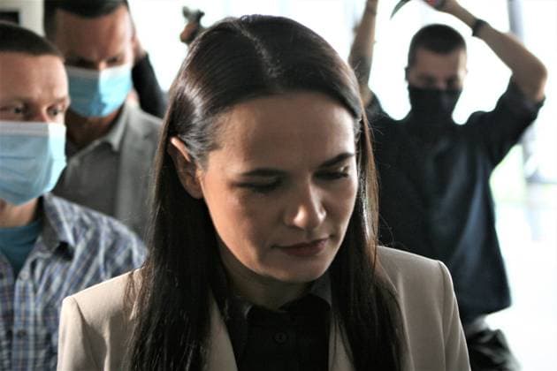 2020-08-21 Vilnius Lithuania. First press conferencec by Belarus opposition leader Svetlana Tikhanovskaya in Vilnius after leaving Bealarus after president election. Vilnius Lithuania  Copyright: xDariusxMataitisx Belarus Lithuania election opposition