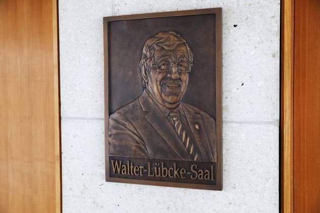 To commemorate the president of the government of Kassel, Walter Luebcke Lübcke, who was presumably murdered by a right-wing extremist on June 2, 2019, a bronze plaque with the portrait of the deceased was unveiled in front of the large conference room on Friday 21 08 20 Copyright: epd-bild AndreasxFischer EDITORIAL USE ONLY