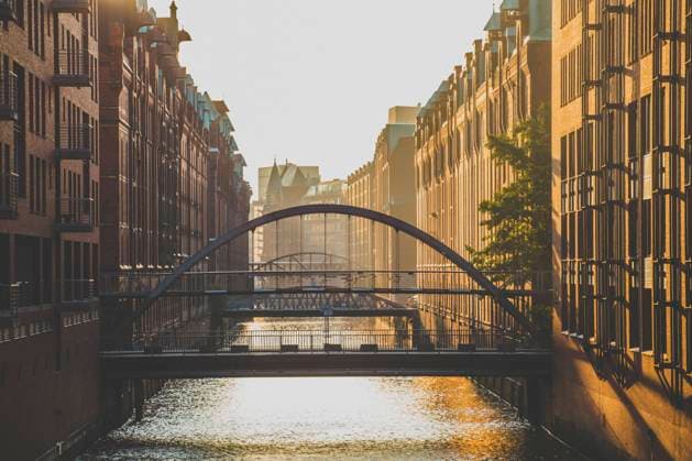 Germany, Hamburg, Bridge over canal in Speicherstadt district IHF00366