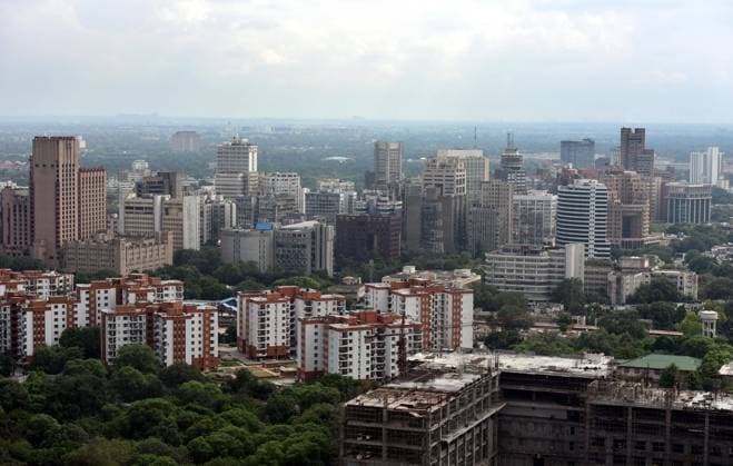 NEW DELHI, INDIA - AUGUST 25: The city skyline as seen from the Civic Center on August 25, 2020 in New Delhi, India. Dark clouds shrouded the skies in the national capital helping keep the maximum temperature below the 33 degrees Celsius mark. (Photo by Sonu Mehta Hindustan Times) Cloudy Sky In Delhi