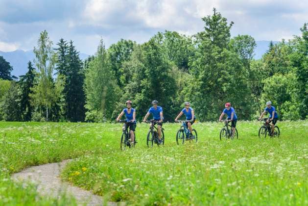 Cycle tour in the team Cycle tour in the Ostallgäu at the Schwaltenweiher with friends and colleagues, whether by mountain bike, trekking bike or e-bike a group of cyclists on the way in the green lake Schwaltenweiher Bavaria Germany