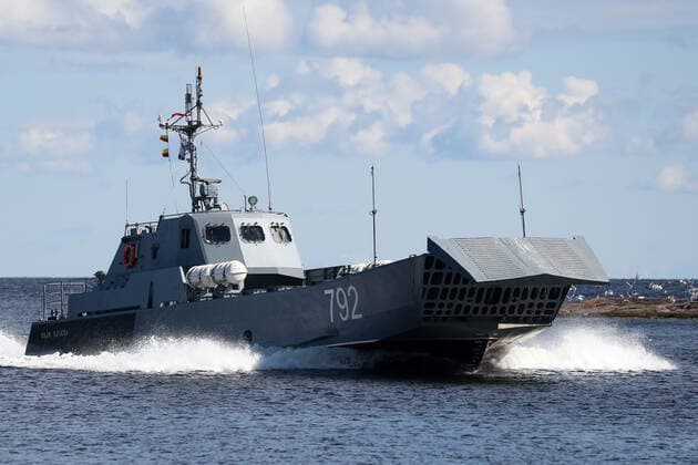 LENINGRAD REGION, RUSSIA - AUGUST 26, 2020: A patrol boat takes part in a seaborne landing exercise on Gogland Island in the Gulf of Finland. Peter Kovalev TASS  TS0E4C9F