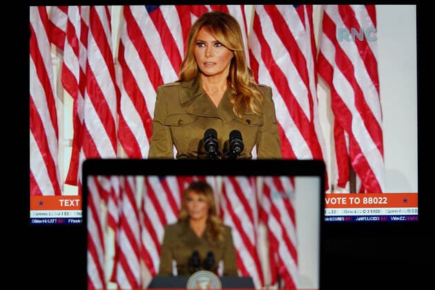 (200827) -- BEIJING, Aug. 27, 2020 -- Photo taken in Arlington, Virginia, the United States, Aug. 25, 2020 shows screens displaying U.S. first lady Melania Trump speaking during the 2020 Republican National Convention from Washington, D.C. ) XINHUA PHOTOS OF THE DAY LiuxJie 
