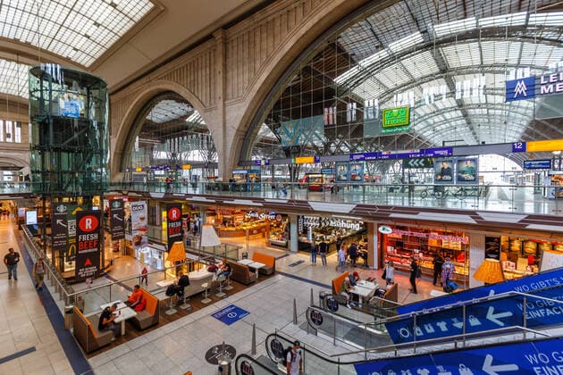 Leipzig Central Station Central Station in Germany Deutsche Bahn DB Halle shops Leipzig, Germany 19 August 2020 Leipzig Central Station Central Station Central Station Deutsche Bahn DB Halle shops in Germany