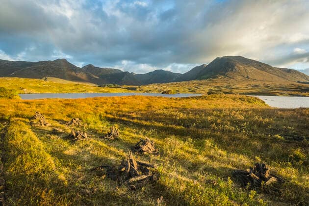 IMAGO Nature: Unsere Erde, Energiequellen, Torf Stacks of turf drying on a bog in Connemara with mountains in the background; Connemara, County Galway, Ireland  Copyright: MichealxHoward 13491843