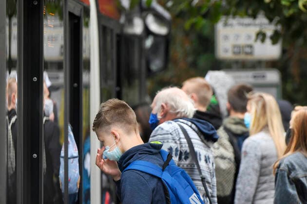 Passengers with protective face masks travel by a public transport car in Pilsen, Czech Republic, on September 1, 2020. (CTKxPhoto MiroslavxChaloupka) CTKPhotoP202009010548501 cha0004
