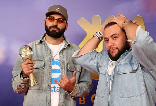 MOSCOW, RUSSIA - SEPTEMBER 4, 2020: Alexander Aliyev (L) and Navai Bakirov of the Russian rap duo HammAli & Navai attend the 3rd annual Zhara Music Awards at Karo 11 Oktyabr Cinema. Vyacheslav Prokofyev TASS  TS0E5DB6