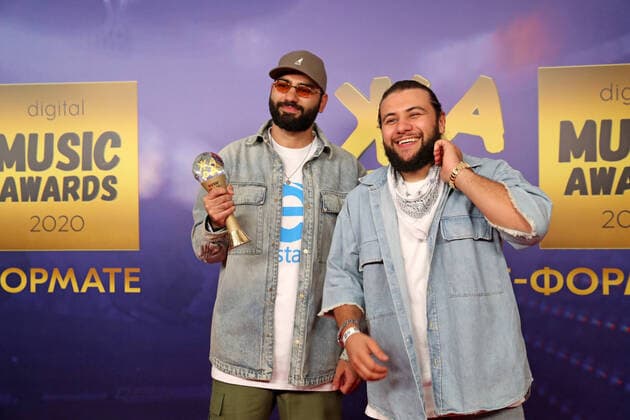 MOSCOW, RUSSIA - SEPTEMBER 4, 2020: Alexander Aliyev (L) and Navai Bakirov of the Russian rap duo HammAli & Navai attend the 3rd annual Zhara Music Awards at Karo 11 Oktyabr Cinema. Vyacheslav Prokofyev TASS  TS0E5DB8