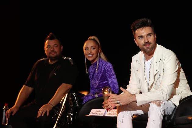 MOSCOW, RUSSIA - SEPTEMBER 4, 2020: Singer Sergei Zhukov of the Russian pop band Ruki Vverh!, Ukrainian singer Mari Kraimbrery (Maryna Zhadan) and singer Alexander Panaiotov (L-R) attend an online ceremony to present the 3rd annual Zhara Music Awards at Karo 11 Oktyabr Cinema. Vyacheslav Prokofyev TASS  TS0E5DEE