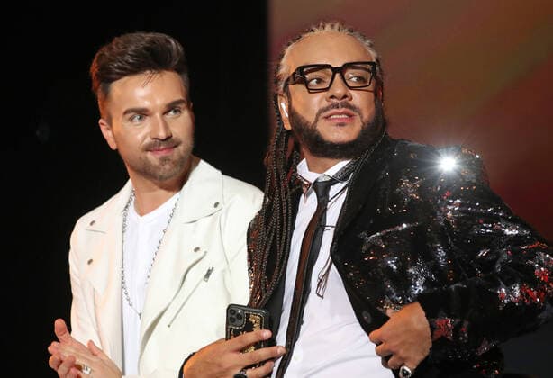 MOSCOW, RUSSIA - SEPTEMBER 4, 2020: Singers Alexander Panaiotov (L) and Philipp Kirkorov attend an online ceremony to present the 3rd annual Zhara Music Awards at Karo 11 Oktyabr Cinema. Vyacheslav Prokofyev TASS  TS0E5DEF