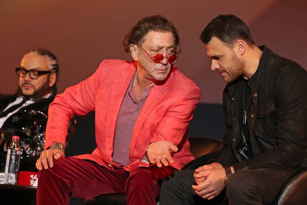MOSCOW, RUSSIA - SEPTEMBER 4, 2020: Singers Philipp Kirkorov, Grigory Leps and Emin Agalarov (L-R), first vice president at Crocus Group, attend an online ceremony to present the 3rd annual Zhara Music Awards at Karo 11 Oktyabr Cinema. Vyacheslav Prokofyev TASS  TS0E5DF0