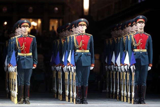MOSCOW REGION, RUSSIA - SEPTEMBER 6, 2020: Honor guard servicemen of the 154th Preobrazhensky Independent Commandant s Regiment perform during a concert by participants in the Spasskaya Tower International Military Music Festival by the Main Cathedral of the Russian Armed Forces. Mikhail Japaridze TASS  TS0E60E7
