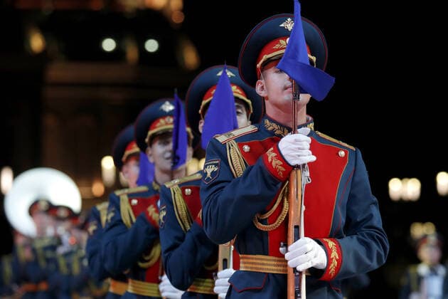 MOSCOW REGION, RUSSIA - SEPTEMBER 6, 2020: Honor guard servicemen of the 154th Preobrazhensky Independent Commandant s Regiment perform during a concert by participants in the Spasskaya Tower International Military Music Festival by the Main Cathedral of the Russian Armed Forces. Mikhail Japaridze TASS  TS0E60E9