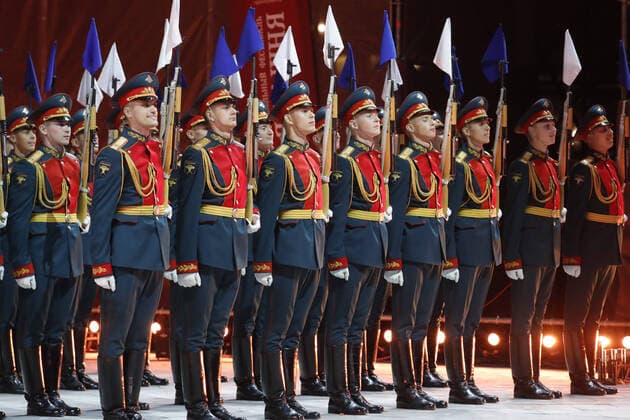 MOSCOW REGION, RUSSIA - SEPTEMBER 6, 2020: Honor guard servicemen of the 154th Preobrazhensky Independent Commandant s Regiment perform during a concert by participants in the Spasskaya Tower International Military Music Festival by the Main Cathedral of the Russian Armed Forces. Mikhail Japaridze TASS  TS0E60EA