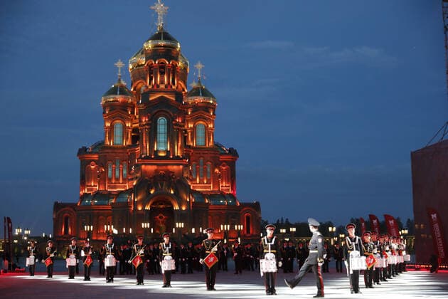 MOSCOW REGION, RUSSIA - SEPTEMBER 6, 2020: Members of the School 1770 combined band perform during a concert by participants in the Spasskaya Tower International Military Music Festival by the Main Cathedral of the Russian Armed Forces. Mikhail Japaridze TASS  TS0E60EC