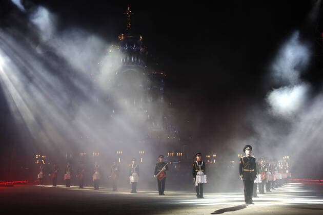 MOSCOW REGION, RUSSIA - SEPTEMBER 6, 2020: Members of the School 1770 combined band perform during a concert by participants in the Spasskaya Tower International Military Music Festival by the Main Cathedral of the Russian Armed Forces. Mikhail Japaridze TASS  TS0E60ED