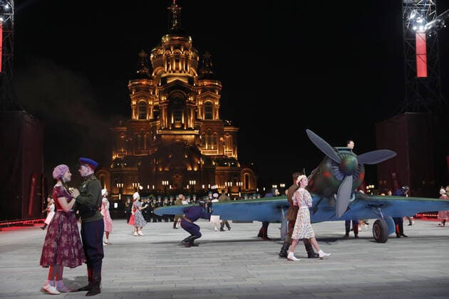 MOSCOW REGION, RUSSIA - SEPTEMBER 6, 2020: Actors perform during a concert by participants in the Spasskaya Tower International Military Music Festival by the Main Cathedral of the Russian Armed Forces. Mikhail Japaridze TASS  TS0E60EE