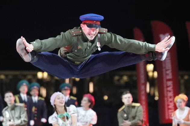 MOSCOW REGION, RUSSIA - SEPTEMBER 6, 2020: Actors perform during a concert by participants in the Spasskaya Tower International Military Music Festival by the Main Cathedral of the Russian Armed Forces. Mikhail Japaridze TASS  TS0E60F0