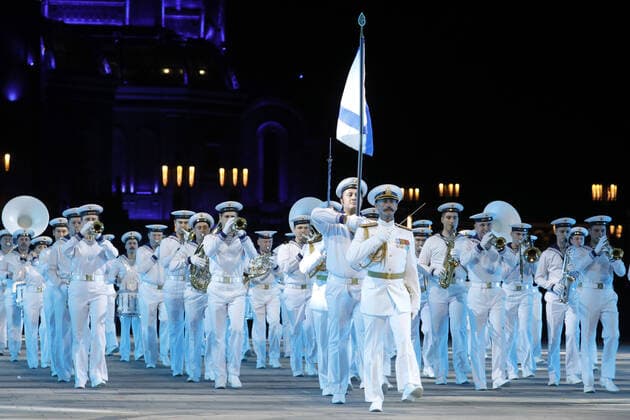 MOSCOW REGION, RUSSIA - SEPTEMBER 6, 2020: Musicians of the Nikolai Rimsky-Korsakov Central Exemplary Concert Band of the Russian Navy perform during a concert by participants in the Spasskaya Tower International Military Music Festival by the Main Cathedral of the Russian Armed Forces. Mikhail Japaridze TASS  TS0E6100