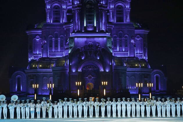 MOSCOW REGION, RUSSIA - SEPTEMBER 6, 2020: Musicians of the Nikolai Rimsky-Korsakov Central Exemplary Concert Band of the Russian Navy perform during a concert by participants in the Spasskaya Tower International Military Music Festival by the Main Cathedral of the Russian Armed Forces. Mikhail Japaridze TASS  TS0E6101
