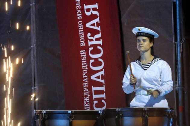 MOSCOW REGION, RUSSIA - SEPTEMBER 6, 2020: A musician of the Nikolai Rimsky-Korsakov Central Exemplary Concert Band of the Russian Navy performs during a concert by participants in the Spasskaya Tower International Military Music Festival by the Main Cathedral of the Russian Armed Forces. Mikhail Japaridze TASS  TS0E6102