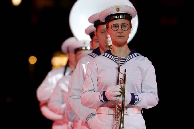 MOSCOW REGION, RUSSIA - SEPTEMBER 6, 2020: Musicians of the Nikolai Rimsky-Korsakov Central Exemplary Concert Band of the Russian Navy perform during a concert by participants in the Spasskaya Tower International Military Music Festival by the Main Cathedral of the Russian Armed Forces. Mikhail Japaridze TASS  TS0E6111