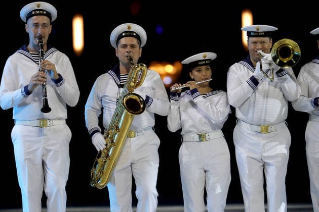 MOSCOW REGION, RUSSIA - SEPTEMBER 6, 2020: Musicians of the Nikolai Rimsky-Korsakov Central Exemplary Concert Band of the Russian Navy perform during a concert by participants in the Spasskaya Tower International Military Music Festival by the Main Cathedral of the Russian Armed Forces. Mikhail Japaridze TASS  TS0E6112