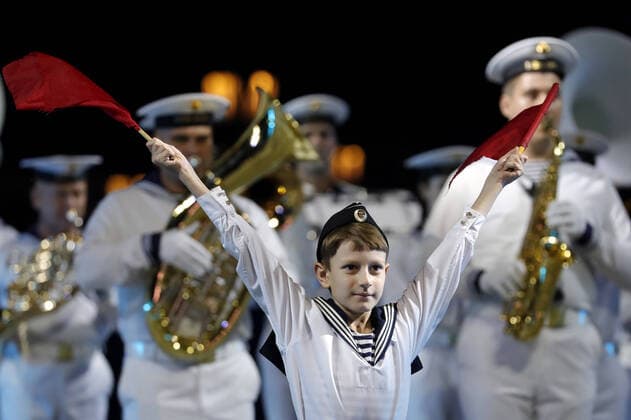 MOSCOW REGION, RUSSIA - SEPTEMBER 6, 2020: Musicians of the Nikolai Rimsky-Korsakov Central Exemplary Concert Band of the Russian Navy perform during a concert by participants in the Spasskaya Tower International Military Music Festival by the Main Cathedral of the Russian Armed Forces. Mikhail Japaridze TASS  TS0E6114