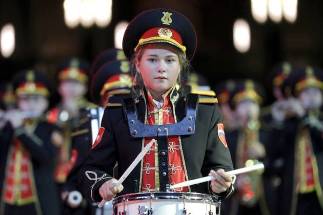 MOSCOW REGION, RUSSIA - SEPTEMBER 6, 2020: A member of the School 1770 combined band performs during a concert by participants in the Spasskaya Tower International Military Music Festival by the Main Cathedral of the Russian Armed Forces. Mikhail Japaridze TASS  TS0E614F