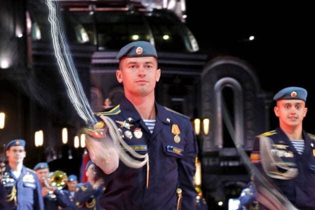 MOSCOW REGION, RUSSIA - SEPTEMBER 6, 2020: Honor guard unit students of Ryazan Guards Higher Airborne Command School perform during a concert by participants in the Spasskaya Tower International Military Music Festival by the Main Cathedral of the Russian Armed Forces. Mikhail Japaridze TASS  TS0E6151