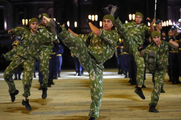 MOSCOW REGION, RUSSIA - SEPTEMBER 6, 2020: Honor guard unit students of Ryazan Guards Higher Airborne Command School perform during a concert by participants in the Spasskaya Tower International Military Music Festival by the Main Cathedral of the Russian Armed Forces. Mikhail Japaridze TASS  TS0E6153