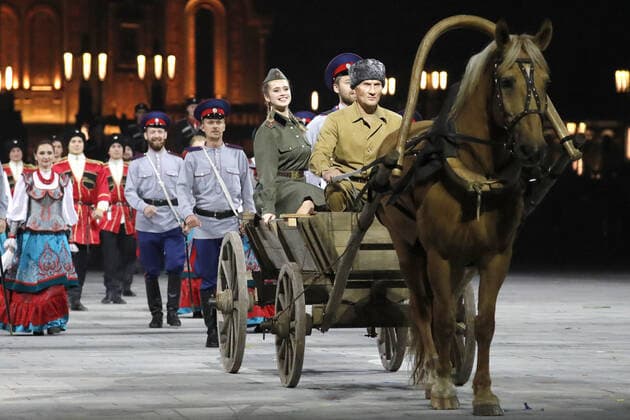 MOSCOW REGION, RUSSIA - SEPTEMBER 6, 2020: Actors perform during a concert by participants in the Spasskaya Tower International Military Music Festival by the Main Cathedral of the Russian Armed Forces. Mikhail Japaridze TASS  TS0E6157