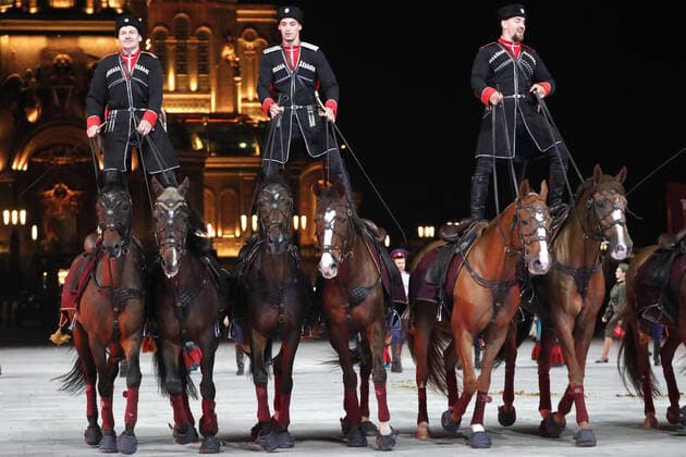 MOSCOW REGION, RUSSIA - SEPTEMBER 6, 2020: A performance by the Kremlin Equestrian School during a concert by participants in the Spasskaya Tower International Military Music Festival by the Main Cathedral of the Russian Armed Forces. Mikhail Japaridze TASS  TS0E6159