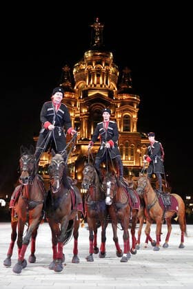 MOSCOW REGION, RUSSIA - SEPTEMBER 6, 2020: A performance by the Kremlin Equestrian School during a concert by participants in the Spasskaya Tower International Military Music Festival by the Main Cathedral of the Russian Armed Forces. Mikhail Japaridze TASS  TS0E615A