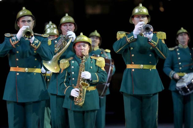 MOSCOW REGION, RUSSIA - SEPTEMBER 6, 2020: Members of the Russian Emergency Situations Ministry band perform during a concert by participants in the Spasskaya Tower International Military Music Festival by the Main Cathedral of the Russian Armed Forces. Mikhail Japaridze TASS  TS0E618A